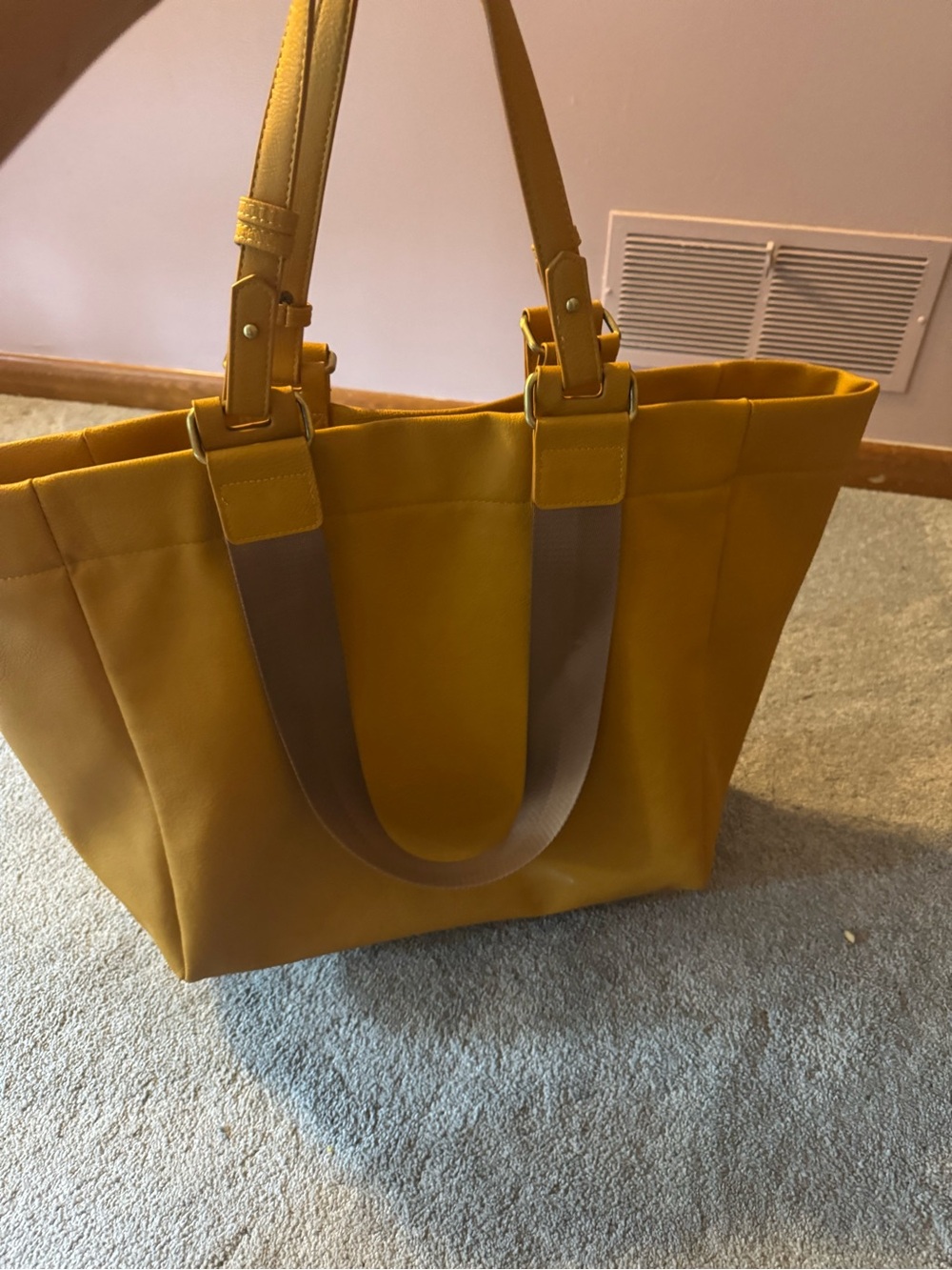Free People Mustard Yellow Quilted Tote with Taupe Handles